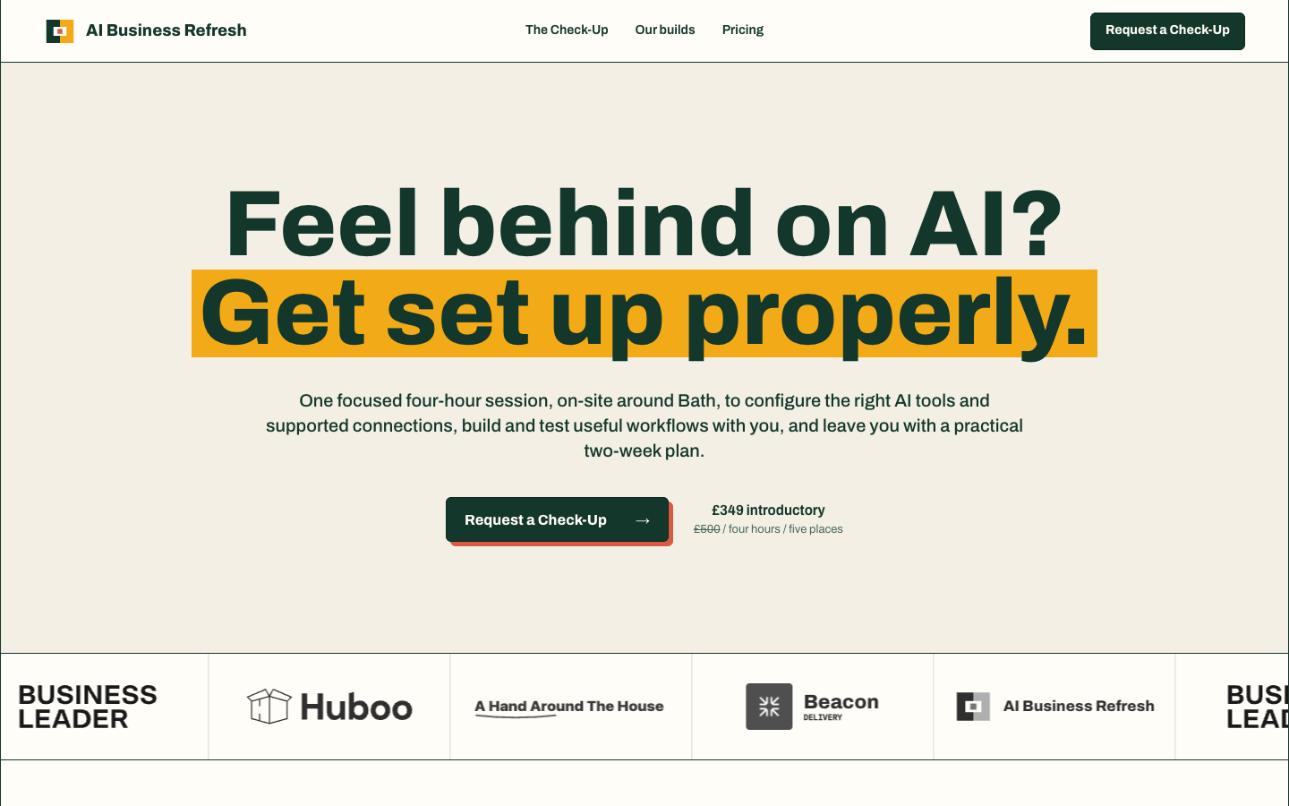 Current AI Business Refresh website showing its offer, call to action and brand experience